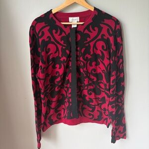 FOXCROFT Womens Cotton/Nylon/Spandex Red- Black Scroll Design Cardigan Sweater L